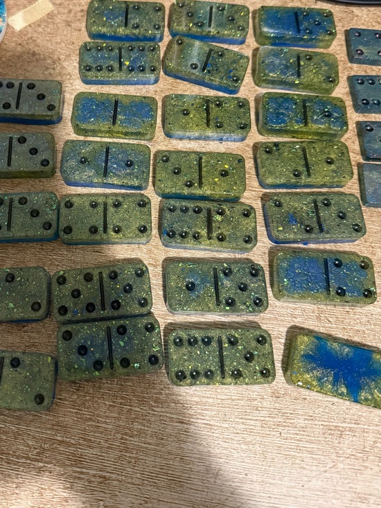 Other - Hand-Painted Resin Domino Set — Blue & Green Glitter